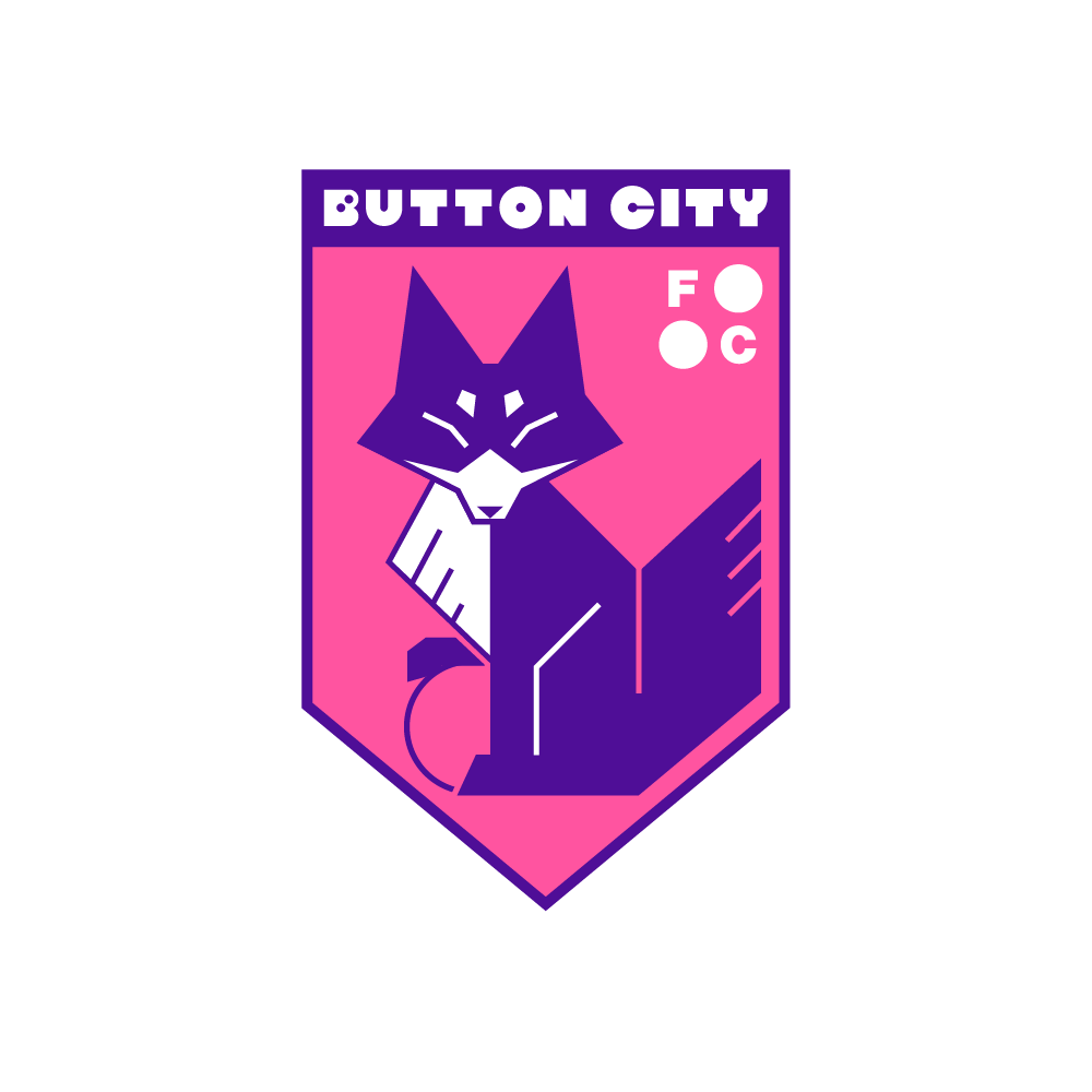 Purple and pink crest with a fox holding onto a soccer ball.