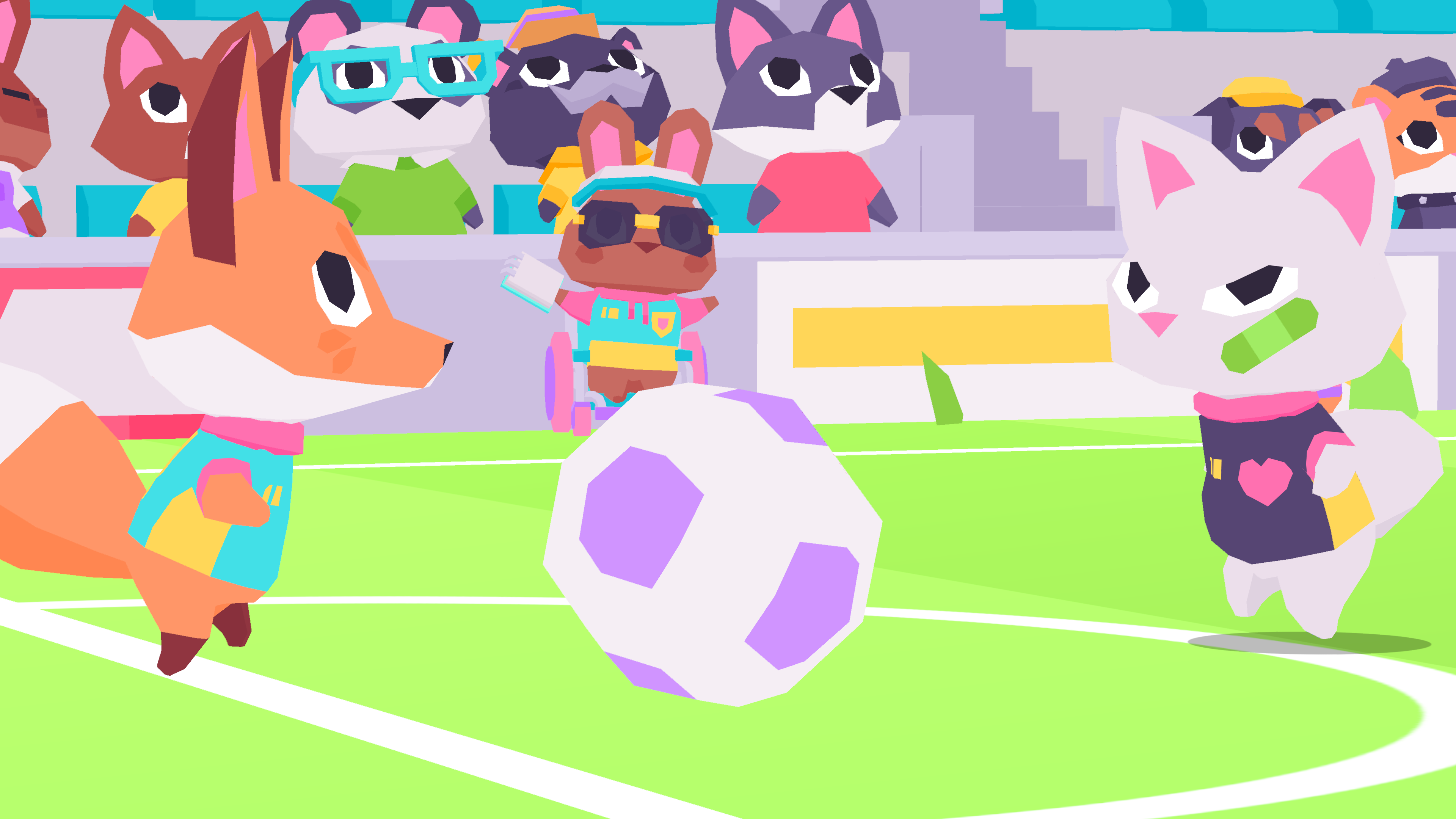 A screenshot of Button City: Soccer Days with Fennel the fox and Saffron the cat playing soccer