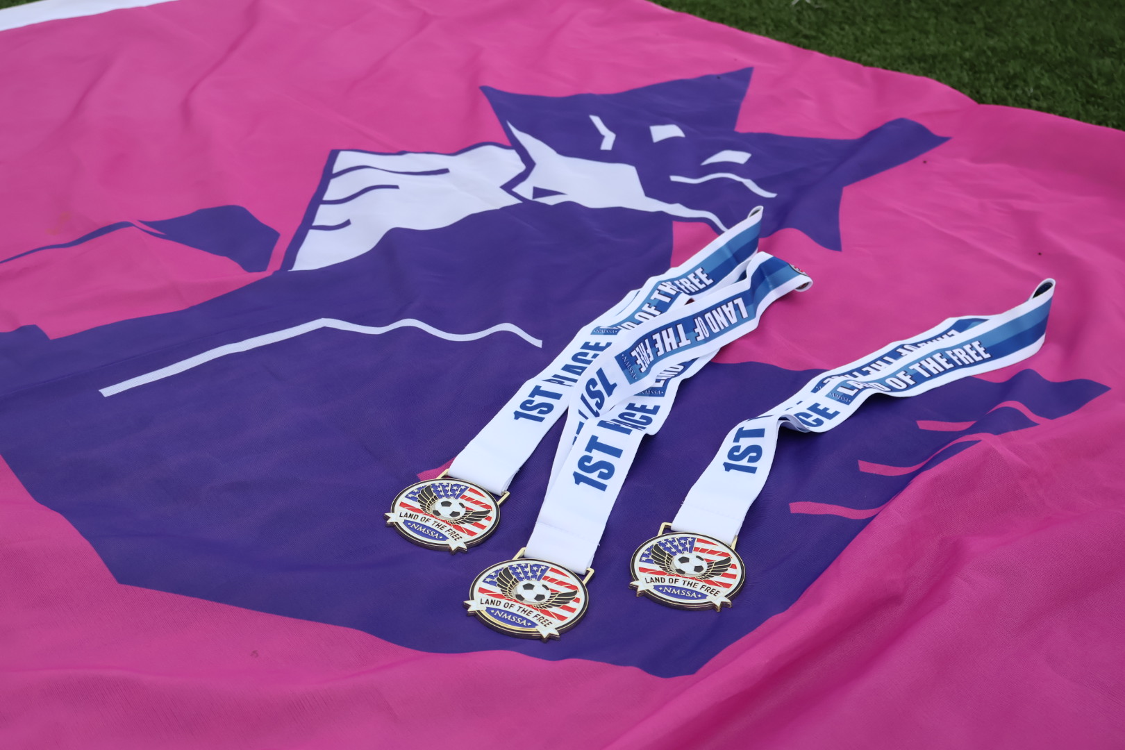 First place medals on a pink flag with a purple fox